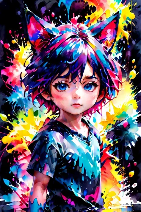 1boy, aki, crimson hair, crimson animal ears, masterpiece, ultra detail, forest, blue eyes, (cute shirt:1.3)
 <lora:ink_splashing:1> ink splashing