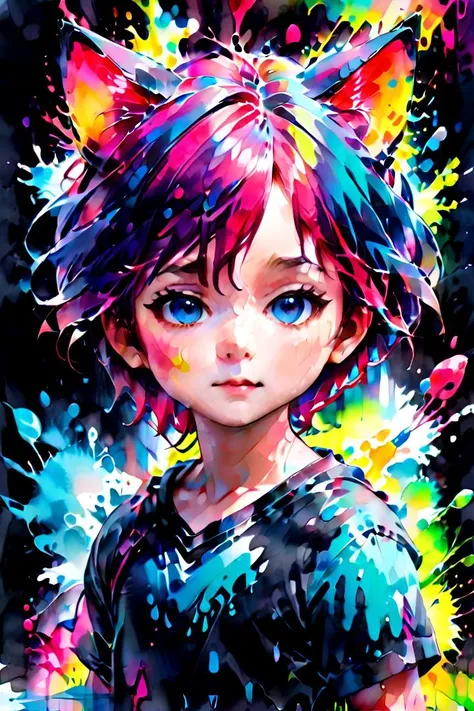 1boy, aki, crimson hair, crimson animal ears, masterpiece, ultra detail, forest, blue eyes, (cute shirt:1.3)
 <lora:ink_splashing:1> ink splashing