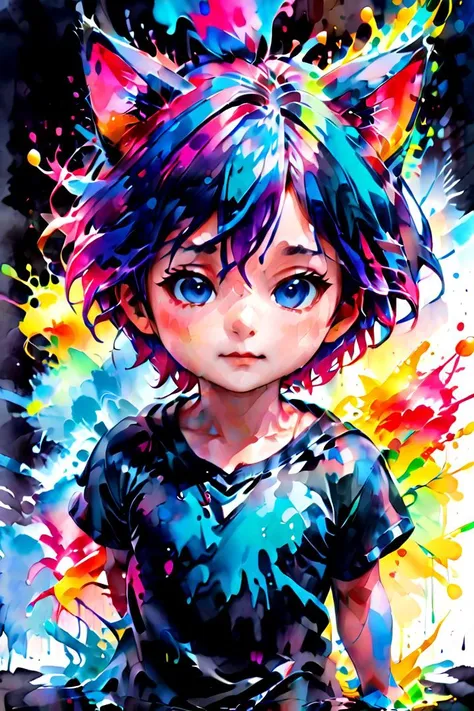 1boy, aki, crimson hair, crimson animal ears, masterpiece, ultra detail, forest, blue eyes, (cute shirt:1.3)
 <lora:ink_splashing:1> ink splashing