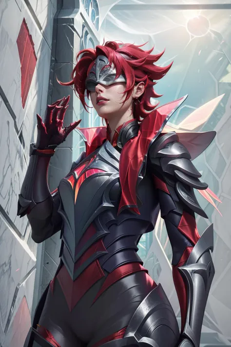 (masterpiece, best quality:1.2), intricate details, <lora:broken_covenant_riven-000014:1>, broken covenant riven, 1girl, covered eyes, mask, jacket, armor, short hair, red hair, upper body, <lora:A3DStyle:1>, realistic