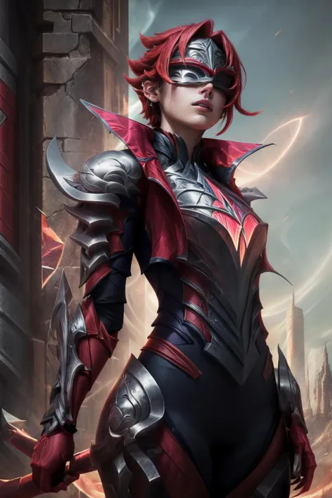 (masterpiece, best quality:1.2), intricate details, <lora:broken_covenant_riven-000014:1>, broken covenant riven, 1girl, covered eyes, jacket, armor, short hair, red hair, upper body