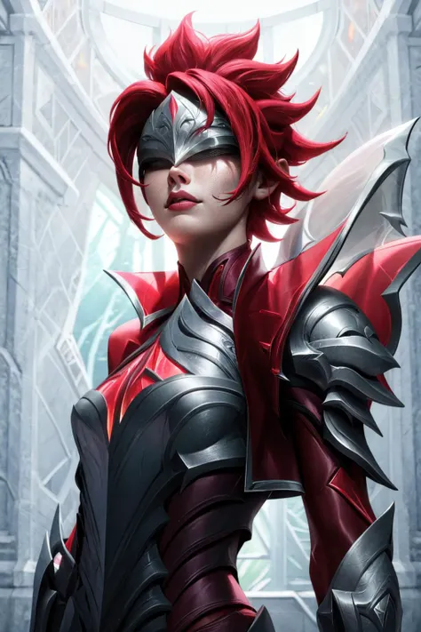 (masterpiece, best quality:1.2), intricate details, <lora:broken_covenant_riven-000014:1>, broken covenant riven, 1girl, covered eyes, jacket, armor, short hair, red hair, upper body, <lora:A3DStyle:1>, realistic