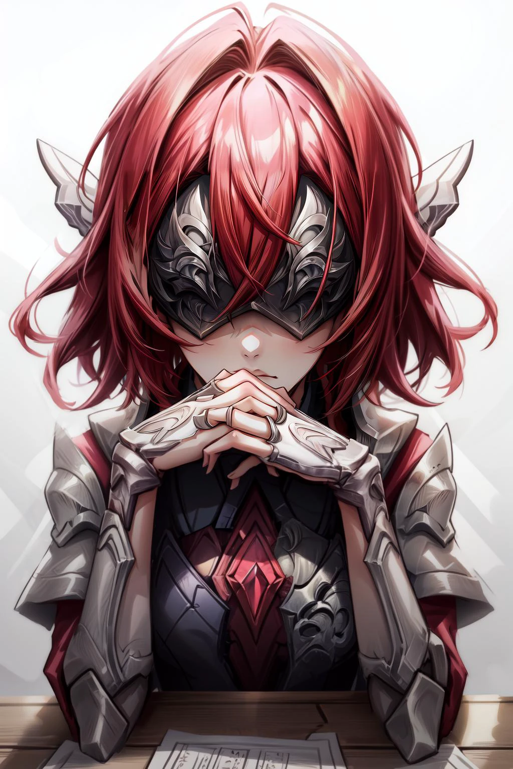 (masterpiece, best quality), intricate details,
1girl, <lora:broken_covenant_riven:0.8> broken covenant riven, 1girl, short hair, red hair
<lora:add_detail:0.8> <lora:boldline2:0.8>
sitting at desk, upper body, <lora:gendou pose:0.8> gendou pose, armor, covered eyes,