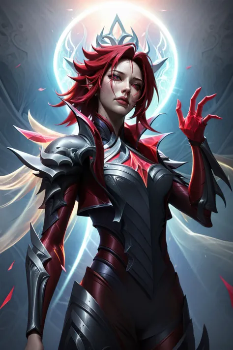 (masterpiece, best quality:1.2), intricate details, <lora:broken_covenant_riven-000014:1>, broken covenant riven, 1girl, long hair, armor, glowing eyes, red hair, upper body, <lora:A3DStyle:1>, realistic