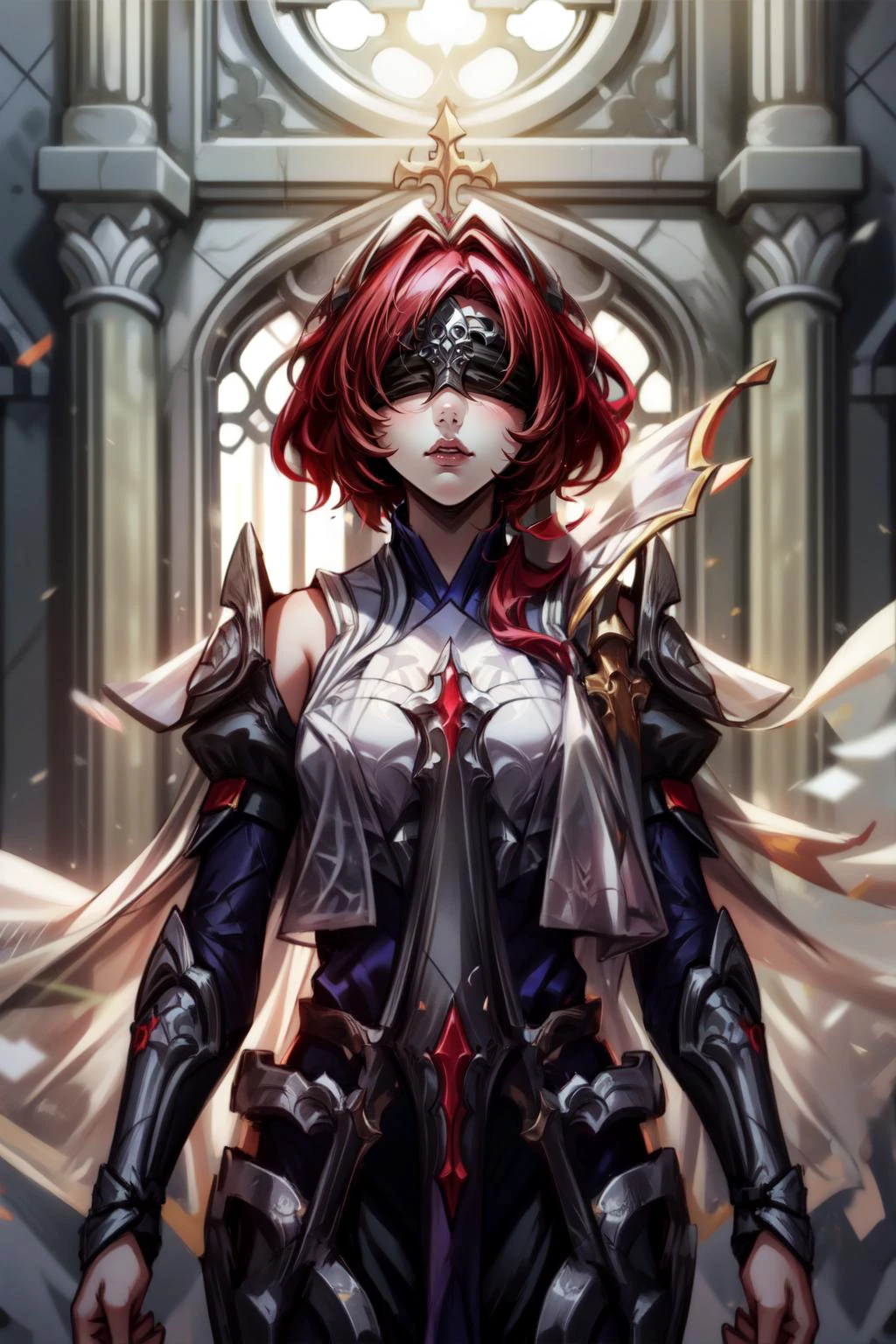 (masterpiece, best quality), intricate details,
1girl, <lora:broken_covenant_riven:0.8> broken covenant riven, 1girl, short hair, red hair
<lora:add_detail:0.8> <lora:boldline2:0.8>
<lora:outfit-sword_maiden-pynoise:0.8> outfit-bladenun,blindfold, habit, <lora:blindfold_lora01:0.8>