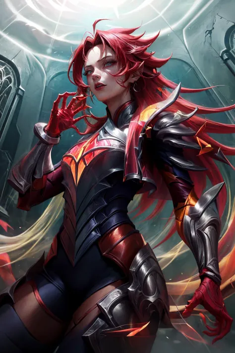 (masterpiece, best quality:1.2), intricate details, <lora:broken_covenant_riven-000014:1>, broken covenant riven, 1girl, long hair, armor, glowing eyes, red hair