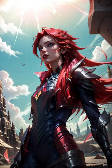 (masterpiece, best quality:1.2), intricate details, <lora:broken_covenant_riven-000014:1>, broken covenant riven, 1girl, long hair, armor, glowing eyes, red hair