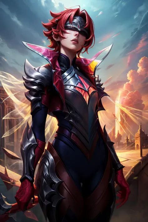 (masterpiece, best quality:1.2), intricate details, <lora:broken_covenant_riven-000014:1>, broken covenant riven, 1girl, covered eyes, jacket, armor, short hair, red hair