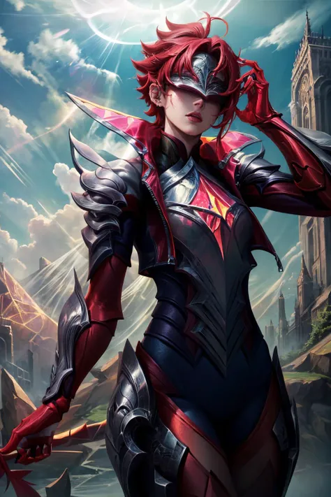 (masterpiece, best quality:1.2), intricate details, <lora:broken_covenant_riven-000014:1>, broken covenant riven, 1girl, covered eyes, jacket, armor, short hair, red hair