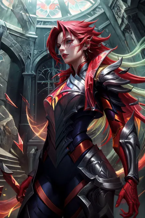 (masterpiece, best quality:1.2), intricate details, <lora:broken_covenant_riven-000014:1>, broken covenant riven, 1girl, long hair, armor, glowing eyes, red hair
