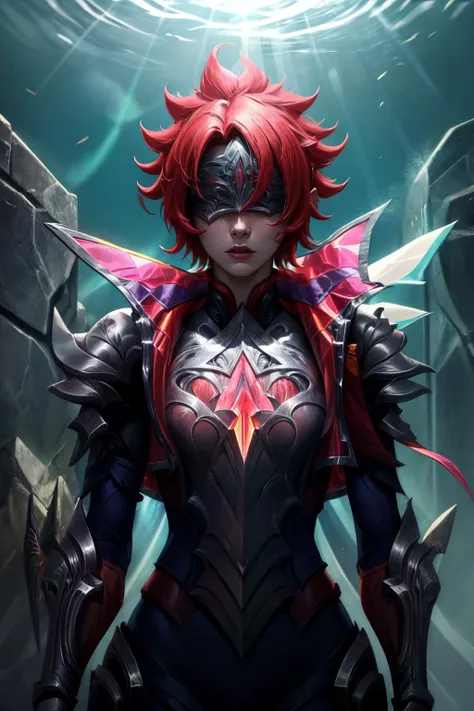 (masterpiece, best quality:1.2), intricate details, <lora:broken_covenant_riven-000014:1>, broken covenant riven, 1girl, covered eyes, jacket, armor, short hair, red hair, upper body