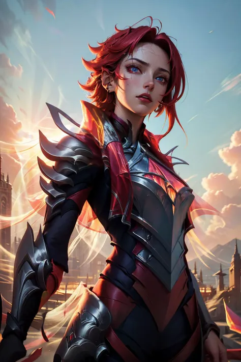 (masterpiece, best quality:1.2), intricate details, <lora:broken_covenant_riven-000014:1>, broken covenant riven, 1girl, long hair, armor, glowing eyes, red hair