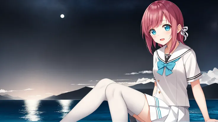 Kamishiro Minamo,1girl,solo,short hair,ocean,The distant mountain,beautiful detailed water,night sky,star river,,school uniform,white skirt,white shirt,black pantyhose,,sitting,<lora:minamotest:0.5>,