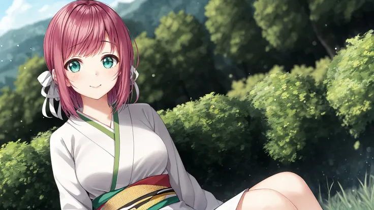Kamishiro Minamo,1girl,solo,short hair,A Green Hill Far Away,A Green Hill Far Away,in a meadow,open kimono,sitting,<lora:minamotest:0.6>,