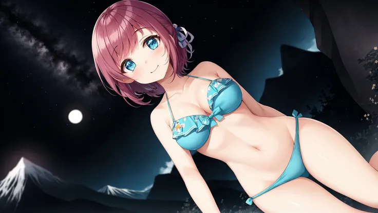 Kamishiro Minamo,1girl,solo,short hair,mountain,forest,cumulonimbus calvus,night sky,star fall,star,lowleg bikini,yokozuwari,<lora:minamotest:0.5>,