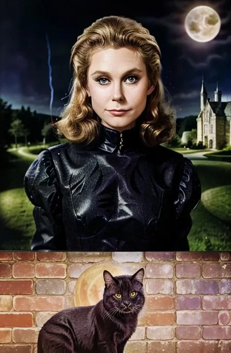 masterpiece, best quality, photo of elizabeeem as witch, looking amazing at a medieval castle, moonlit night, black cat on a brick turret, stars, night sky, full moon, closeup,<lora:elizabeeem:1>high quality, absurdres,