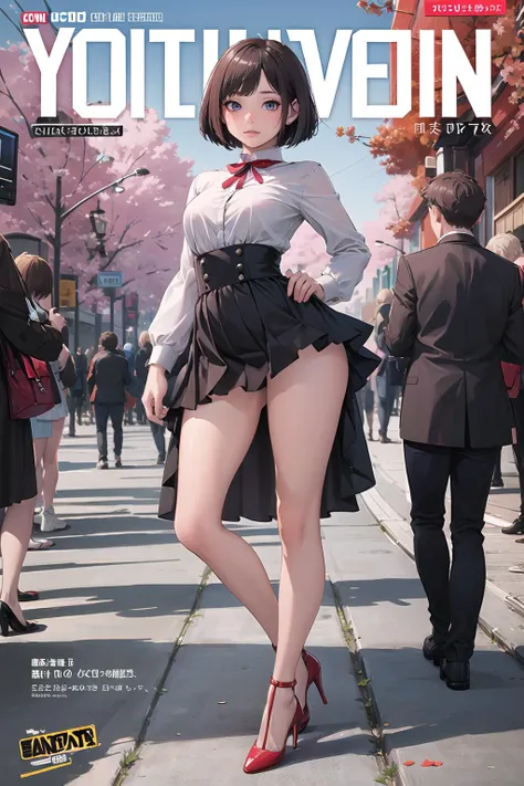 (comic cover:1.4),masterpiece, best quality,2girl,young girl, plum_pie eyes, brown, choppy bob,envious _face,shiny skin,medium breasts,nice leg line:1.3,ta_dress,red color high heels, Pathway_lined_with_blooming_cherry_blossom_trees,crowd,looking at viewer,from front:1.3,full body, legsupsexms,crowd, pull skirt