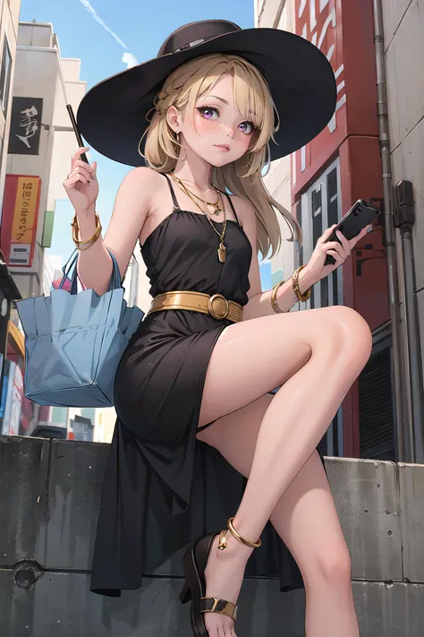 masterpiece, best quality,2girl,young girl, royal_blue eyes, pink, lob,irritating _face,shiny skin,large breasts,nice leg line:1.3,thick thighs, thin waist,, A_white_eyelet_maxi_dress, metallic_gold_flat_sandals, a_woven_sunhat, a_white_mini_backpack, and_pearl_hoop_earrings, , A_bridge_high_above_the_ground_with_a_view_of_the_surrounding_area,,looking at viewer,from side,dynamic angle