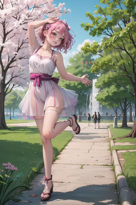 (masterpiece, best quality, perfect anatomy, nice hands:1.2), 1girl, solo, beautiful girl walking in the park, pink long hair, delicate white pink dress, summer, flowering trees, sakura, green grass, park,standing split, standing on one leg, leg up,
<lora:Manana-15:0.45>