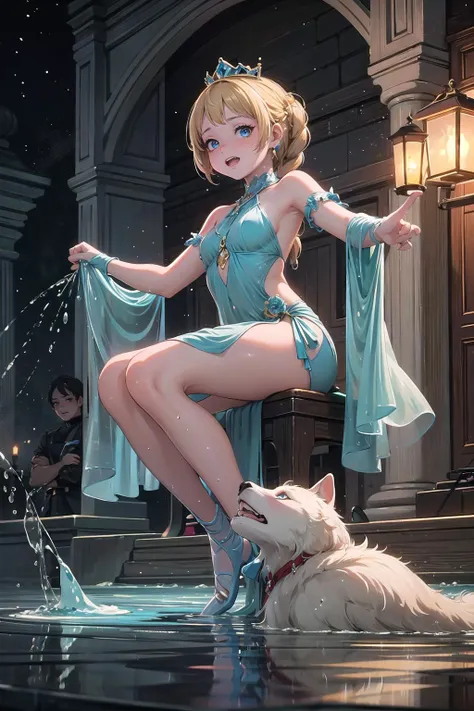 masterpiece, best quality,2girl,young girl, rosy_finch eyes, honey blonde, dutch braid,joyful _face,shiny skin,flat chest,nice leg line:1.3,thick thighs, thin waist,princess,, more than half melted, and the rest of the dress is also melting, The back of the palace, The princess has fallen down and is being attacked by slime from above, The dress is melting and the princess is expressing terror, The princess has a terrified expression on her face as her dress melts from the slime attack. , Theater_with_an_outdoor_stage,,looking at viewer,from front,dynamic angle