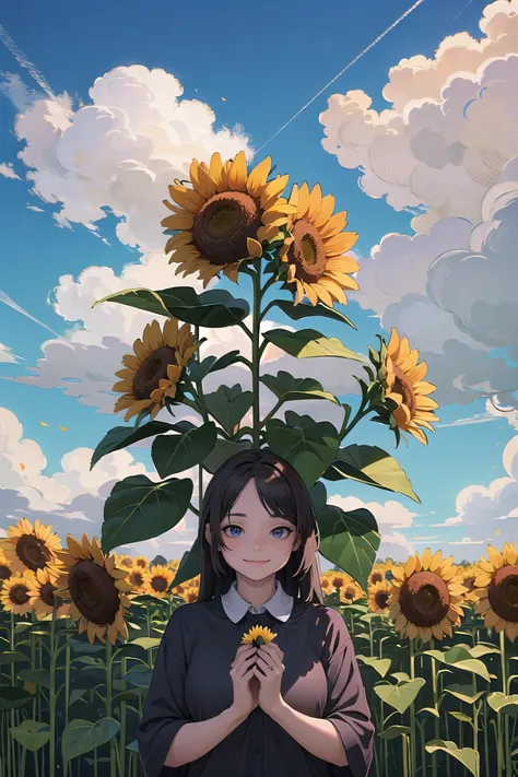 a woman holding a bunch of sunflowers in her hands and looking at the sky with a smile, (giant flowers:1.5)