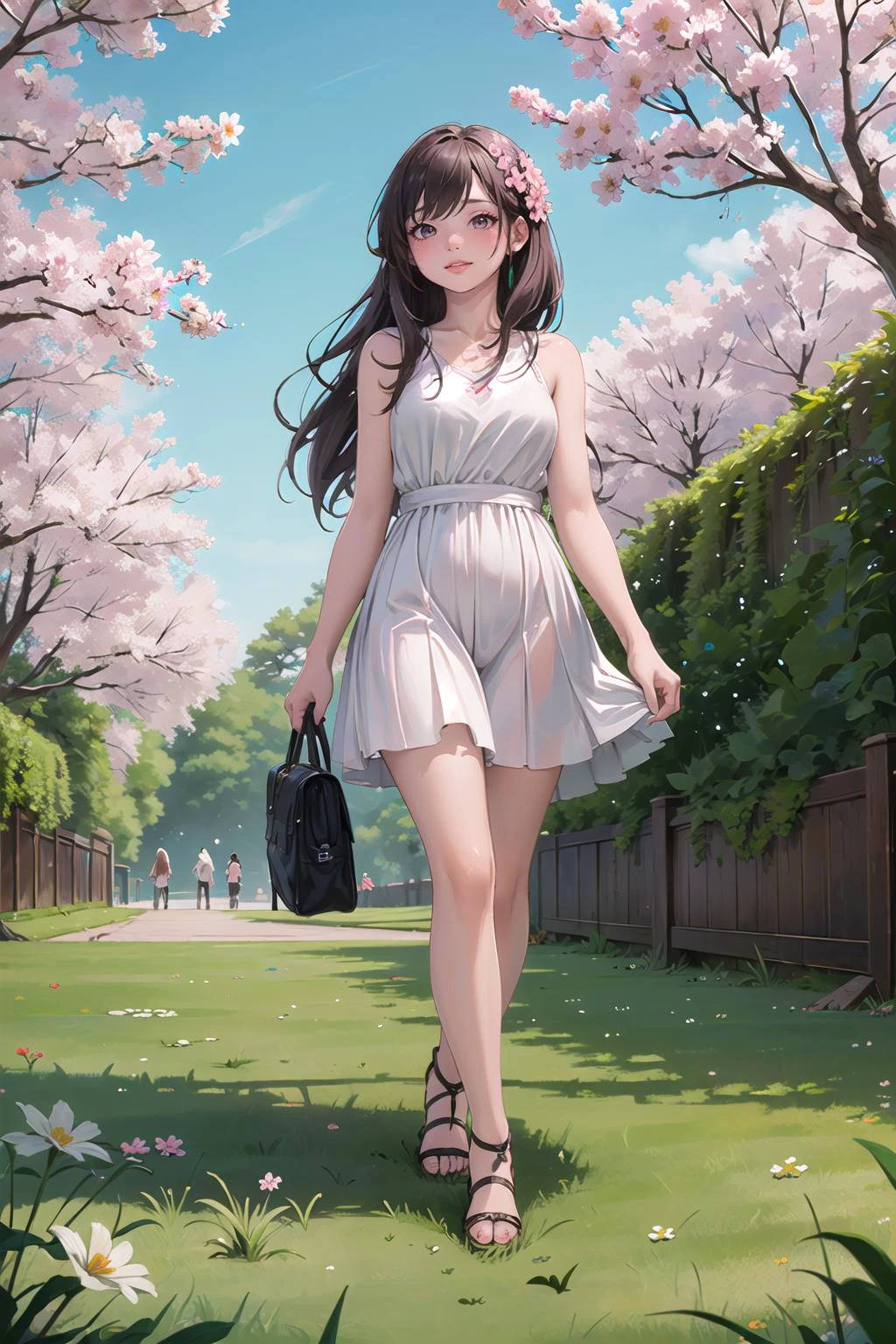 (masterpiece, best quality, perfect anatomy, nice hands:1.2), 1girl, solo, beautiful girl walking in the park, pink long hair, delicate white pink dress, summer, flowering trees, sakura, green grass, park <lora:Manana-15:0.45>