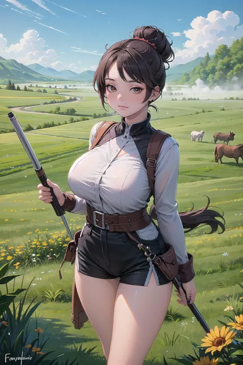 masterpiece, best quality,2girl,young girl, army_brown eyes, purple, bun,idea _face,shiny skin,huge breasts,nice leg line:1.3,thick thighs, thin waist,A centaur with a bow and quiver, running through a field of tall grass with a herd of wild horses, the wind blowing his hair and tail. The setting is at dawn, with mist rising from the ground. , Festival_celebrating_a_specific_type_of_flower,,looking at viewer,from above:1.2,upper body