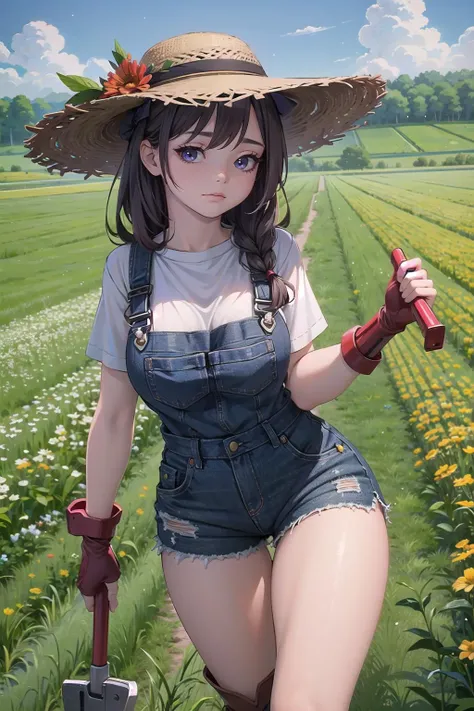 masterpiece, best quality,1girl,young girl, lovely_purple eyes, dark red, frohawk,arrogant _face,shiny skin,huge breasts,nice leg line:1.3,thick thighs, thin waist,Farmer, Simple, functional clothing appropriate for outdoor work, such as a straw hat, overalls, and sturdy boots, A large field or farm with crops growing and animals grazing, Tending to the land, with a hoe or other tool in hand, Planting seeds or harvesting crops, tending to livestock, Content and at peace, with a hint of weariness from the hard work , High_point_with_a_clear_view_of_the_stars,,looking at viewer,random pose,dynamic angle