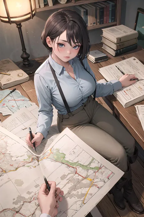 masterpiece, best quality,4girl,young girl, sepia eyes, gray, choppy bob,light _face,shiny skin,huge breasts,nice leg line:1.3,thick thighs, thin waist,Cartographer, A cartographer is seated at a large wooden desk, studying maps and making notes, The cartographer wears a beige shirt with brown suspenders and a matching brown waistcoat. They also wear brown trousers and sturdy brown boots, The cartographer's workspace is a dimly lit room with tall bookshelves lining the walls. The desk is covered in maps and parchment, The cartographer is working diligently, poring over maps and making notations, The cartographer is using a quill pen to add details to a map spread out in front of them, The cartographer's expression is oneof concentration andfocus. , Tower_with_a_bright_light_used_for_navigation,,looking at viewer,from above:1.2,dynamic angle