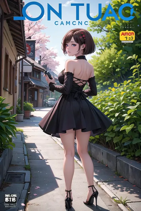 (comic cover:1.4),masterpiece, best quality,2girl,young girl, plum_pie eyes, brown, choppy bob,envious _face,shiny skin,medium breasts,nice leg line:1.3,lolita_dress,red color high heels, Pathway_lined_with_blooming_cherry_blossom_trees,crowd,looking at viewer,from behind:1.3,full body, legsupsexms,