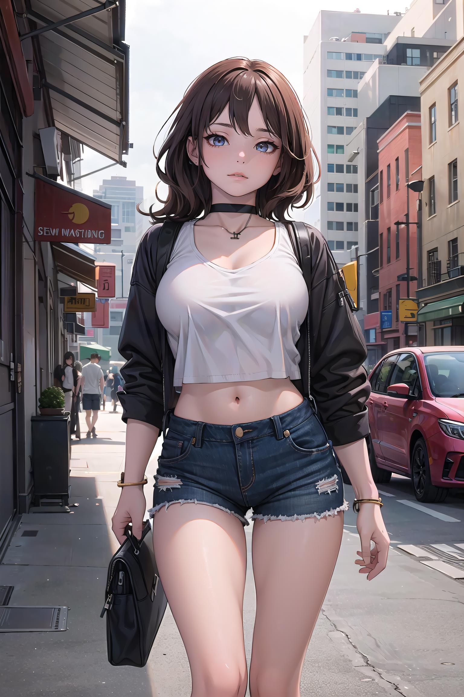 Anime girl walking down the street with a purse in her hand - SeaArt AI