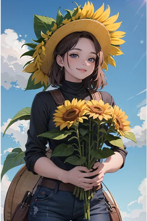 a woman holding a bunch of sunflowers in her hands and looking at the sky with a smile, (giant flowers:1.5)