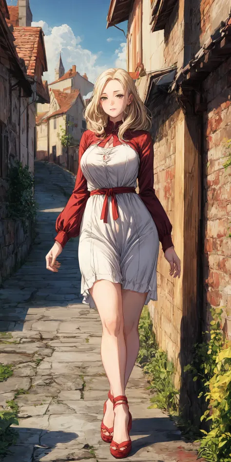 1girl, solo, Modest A-line dress made of sturdy cotton, in a rich maroon color, featuring a high waistline, long fitted sleeves, and a linen coif, Female Warrior, Average Height, in shape, Diamond-Shaped Face, Olive Skin, Strawberry Blonde Hair, Hazel Eyes, Short Nose, Thick Lips, Prominent Chin, Long Hair, Straight Hair, Fluffy Afro, perky breasts, , coral sheer lipstick, Quaint medieval village with cobblestone streets and timber-framed houses, best quality, absurdres, <lora:add_detail:1> <lora:envybetterhandsLocon_beta2:1>