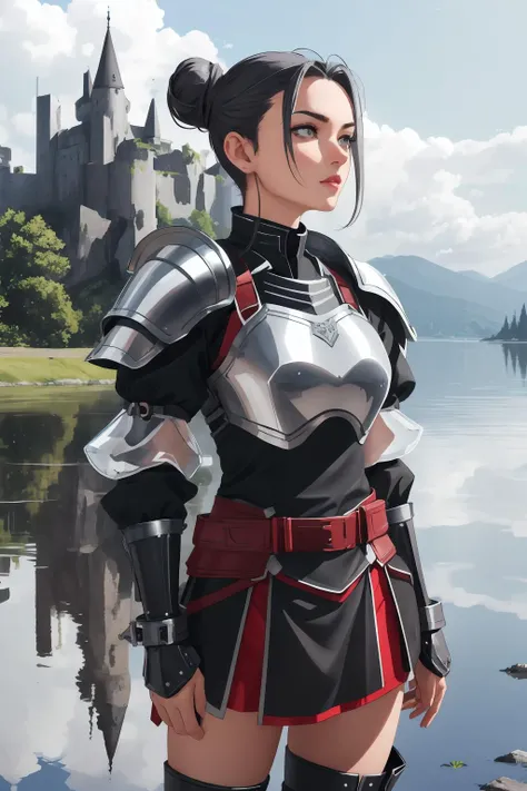 Brigandine armor set with arm vambraces, chest reinforcement, reinforced steel skirt, and protective knee-high boots, Maven, Short, in shape, Square Face, Dark Skin, Gray Hair, grey Eyes, Short Nose, Thin Lips, Sharp Chin, Shoulder-Length Hair, Straight Hair, Sleek Bun, full breasts, Cuff earrings, grape stain lipstick, Mighty stone castle with imposing towers, Glassy luster that creates a transparent and reflective surface