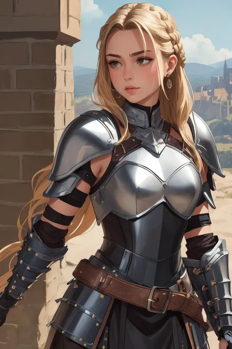 Leather armor with metal-studded arm guards, chest plate, and armor skirt, Dame, Short, Fit, Oval Face, Dark Skin, Blonde Hair, Brown Eyes, Wide Nose, Pouty Lips, Receding Chin, Shoulder-Length Hair, Thick Hair, Dutch Braid, round breasts, Drop earrings, brown satin lipstick, Fortified castle on a hill, Satiny luster that provides a smooth and silky sheen