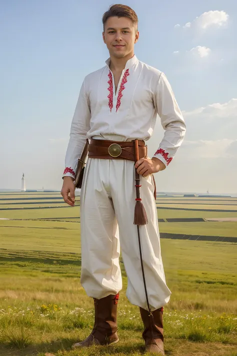 ((grassland)),  ((the steppes) in the background), standing on a hill, DmitryOsten, (traditional cossack clothing), (white embroidered shirt), armor, (red pants), sword on belt, slight smile, (((full body portrait))), wide angle, <lora:Cossak:0.3> <lora:DmitryOsten:0.8>