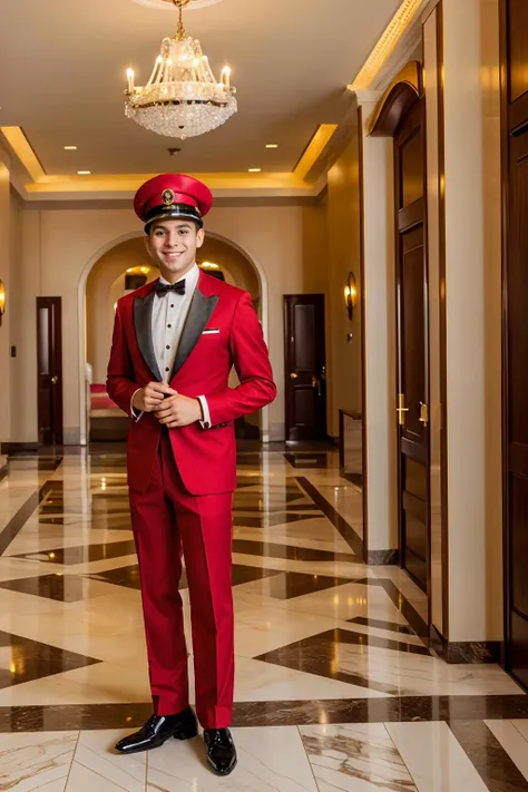 lobby of luxury hotel, YannisPaluan (wearing red bellhop uniform), red bellman uniform, red bellhop hat, smiling, (((full body portrait))), wide angle, <lora:DmitryOsten:0.8>