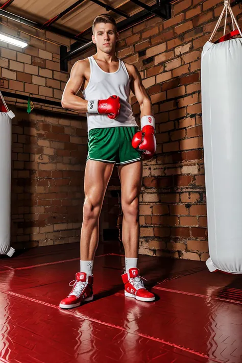 warehouse style boxing gym, brick wall, high ceiling, a boxing ring, punching bag hanging from ceiling, standing, look of determination, DmitryOsten wearing (white tank top), (green boxing shorts), socks, (red boxing boots), (red boxing gloves), boxing pose, (((full body portrait))), wide angle <lora:DmitryOsten:0.8>