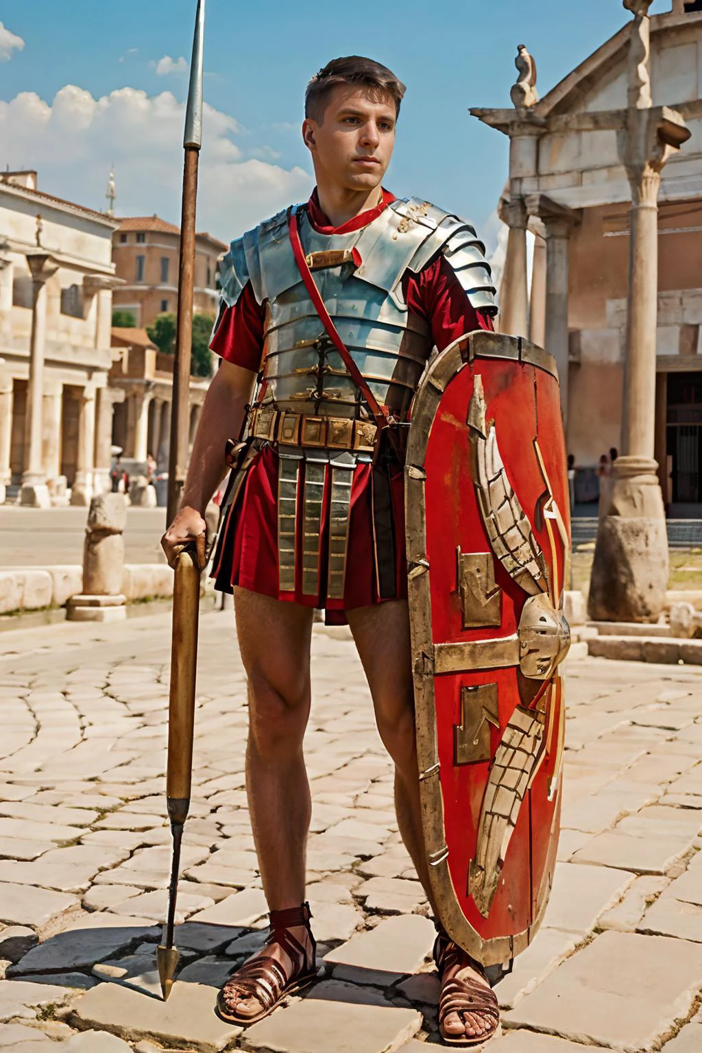 fantrome, plaza of a roman city, buildings with roman pillars in the background, DmitryOsten is a roman soldier, wearing wearing loriseg armor, red tunic, red shirt, sandals, shield, spear, (((full body portrait))), wide angle <lora:DmitryOsten:0.8> <lora:loriseg:0.7> <lora:fantrome_v3:0.3>