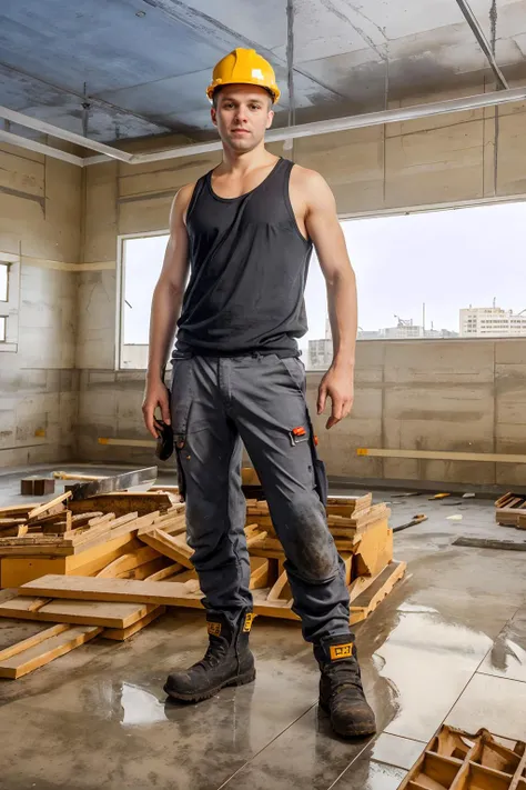 inside a building under construction, building supplies on floor, DmitryOsten is a construction worker, wearing gray tank top, dirty work trousers, work boots, hard hat, (((full body portrait))), wide angle  <lora:workTrousers:0.8> <lora:DmitryOsten:0.8>