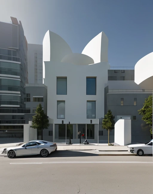 <lora:streetscene:0.8>,street view,high quality,8k,Ultra hd! editorial, rick owens model, white and chrome, iso 400, surrealistic, 8k, full frame, landscape, modern architecture, beautiful, lively, wealthy,a car parked on the right side