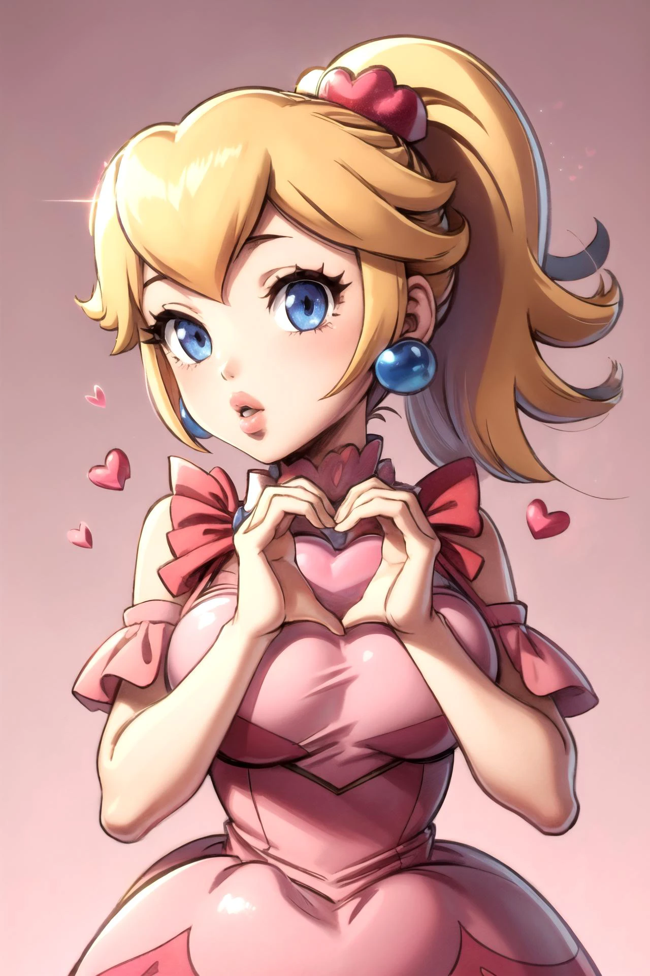 <lora:PrincessPeach(ClothingNeutral):0.9> 1girl, solo, lips, ponytail, large breasts, heart hands, heart dress simple background, <lora:ValentineTech-18:1>