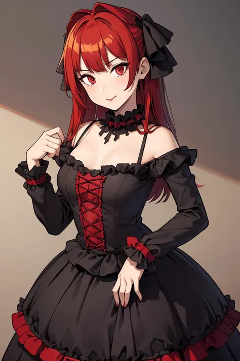 (masterpiece, best quality), 1girl, red hair, medium chest, gothic frill dress, pervert face,