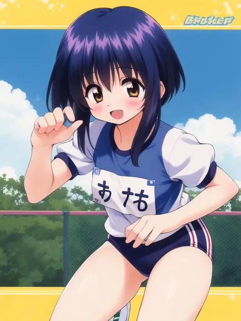 <lora:Yuichi:0.8> Yuichi, dark_blue hair, brown eyes, short hair, long locks, 1boy, soro, otoko no ko, smile,  track and field, cowboy Shot, standing,
blue_buruma, blush, gym uniform, smile, open mouth, name tag, 
masterpiece, high quality, very_high_resolution, large_filesize,