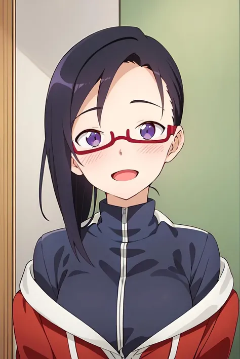 (extremely detailed CG unity 8k wallpaper), (masterpiece), (best quality), (ultra-detailed), (best illustration), (best shadow), (absurdres),  <lora:sakie-12:0.7>,sakie, solo, glasses, smile, open mouth, male focus, 1girl, looking at viewer, blush, semi-rimless eyewear, red-framed eyewear, under-rim eyewear, purple eyes, blue hair, jacket