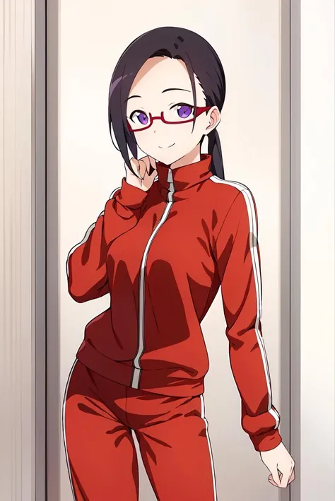 (extremely detailed CG unity 8k wallpaper), (masterpiece), (best quality), (ultra-detailed), (best illustration), (best shadow), (absurdres),  <lora:sakie-12:0.7>,sakie, 1girl, solo, glasses, black hair, full body, red-framed eyewear, smile, white background, purple eyes, jacket, track suit, simple background, track jacket, semi-rimless eyewear, shoes, under-rim eyewear, pants, arm behind back, looking at viewer, sneakers, standing, track pants