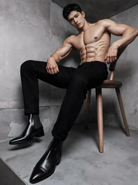 <lora:betaboy:0.2>,<lora:menhard:0.2>, <lora:asianmale_v10:0.3>,
one man, sitting in chair, handsome,
(full body:1.5), (short black hair:1.3), 
(black chelsea boots, shirtless, topless, black pants:1.5),
looking down at viewer, from below,
<lora:GoodHands-beta2:1>,perfect hands, five fingers on each hand, (one hand is on knee and one hand is on chair:1.5),  
indoor, day, daytime, in the morning, bedroom,
(muscular, large pectorals, abs:1.3),
best quality,masterpiece,ultra highres,photorealistic,realistic
