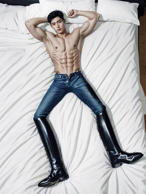 (from above:1.3), (looking at viewer:1.5),  arms up,
(black riding boots:1.3),
(shirtless:1.5), (partially unzipped blue jeans:1.3),
(lying in bed:1.5), indoor, day, daytime, pillow, bed sheet,
<lora:GoodHands-beta2:1>,perfect hands,
one young man, (full body:1.5), (short black hair:1.5)
(muscular:1.2), pectorals, abs,
best quality,masterpiece,ultra highres,photorealistic,realistic,
<lora:betaboy:0.2>,<lora:menhard:0.2>, <lora:asianmale_v10:0.2>,