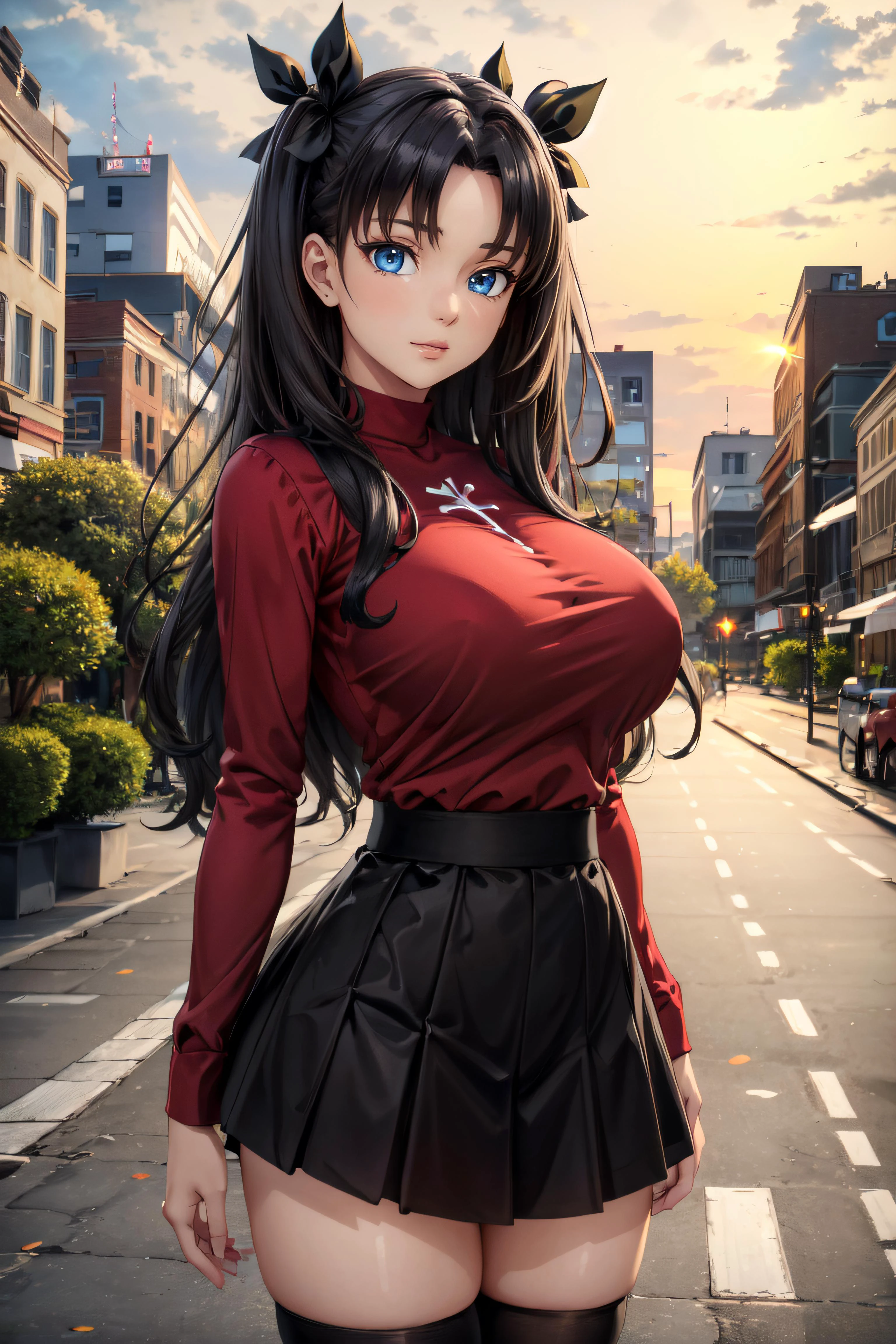 (masterpiece, best quality, ultra detailed, absurdres:1.5), 1girl, (sexy, beautiful woman, perfect face, perfect eyes, perfect female body, medium breasts:1.5), (red sweater, tohsaka rin, thighhighs, long hair, skirt, black thighhighs, black hair, two side up, black skirt, loafers, <lora:rin:0.5>), (standing, outdoors, city park), perfect lighting, smooth, hdr