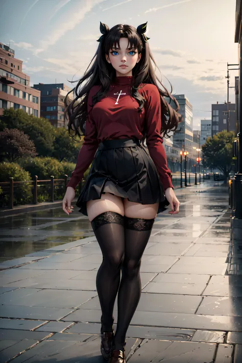 (masterpiece, best quality, ultra detailed, absurdres:1.5), 1girl, (sexy, beautiful woman, perfect face, perfect eyes, perfect female body:1.5), (red sweater, tohsaka rin, thighhighs, long hair, skirt, black thighhighs, black hair, two side up, black skirt, loafers, <lora:rin:0.5>), (standing, outdoors, city park), perfect lighting, smooth, hdr